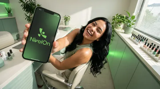 Manicure MEI mostrando o app NivelOn no salão